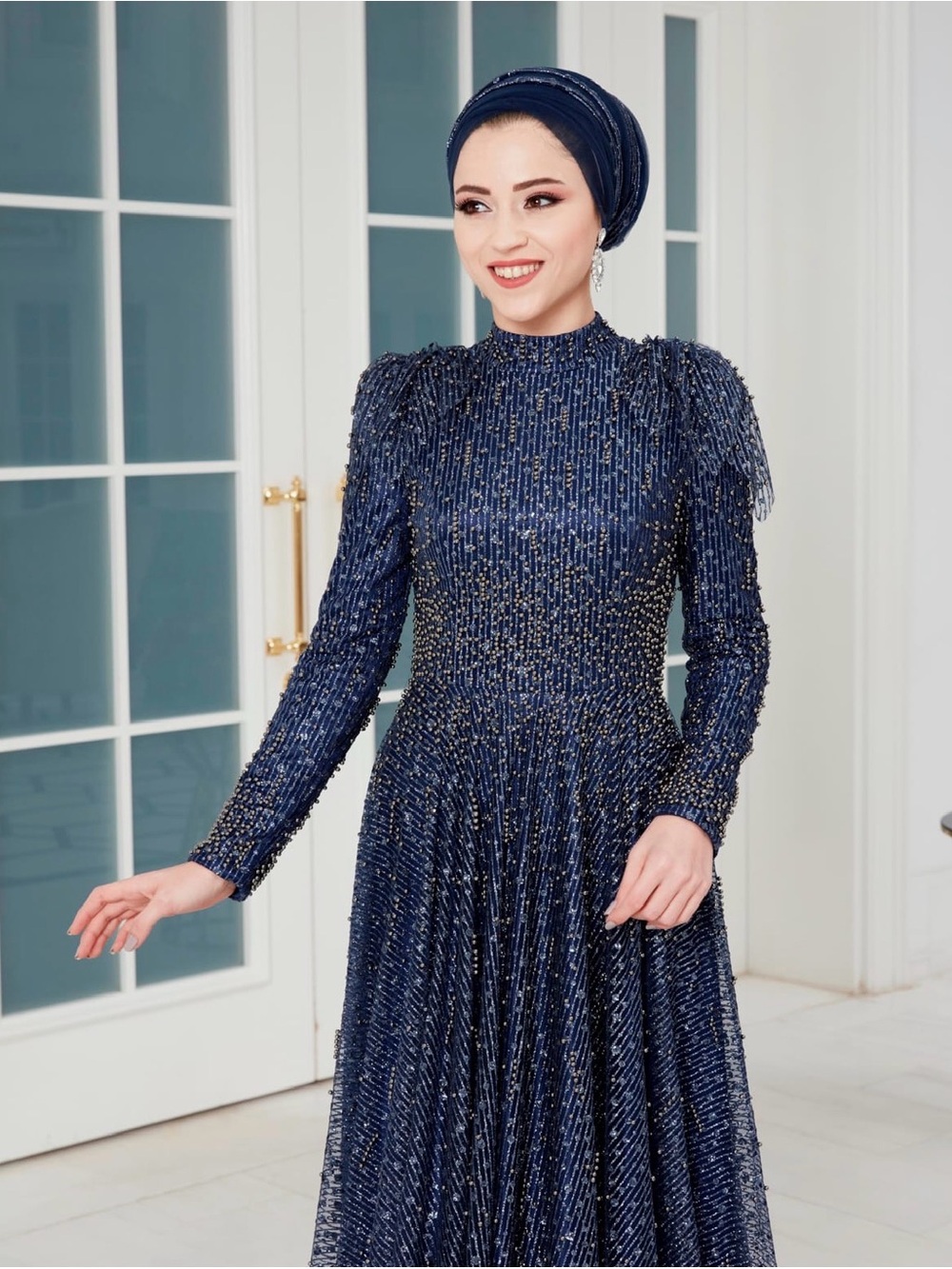 Navy Beaded Long-Sleeve Evening Gown